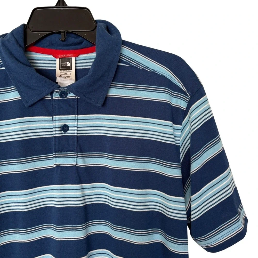 The North Face Mens Large Polo Shirt Blue Striped Short Sleeve Outdoors Hiking